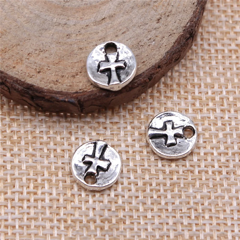 

free shipping 108pcs 10x10mm antique silver Round cross tag charms diy retro jewelry fit Earring keychain hair card pendant