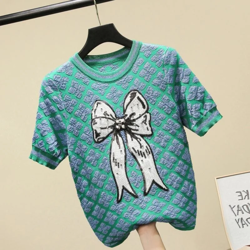 JCHB Spring and Summer New Arrival Handmade Sequins Beading Bow Sweater Women Short Sleeve Knitted Pullover Ins Modis Tops
JCHB Spring and Summer New Arrival Handmade Sequins Beading Bow Sweater Women Short Sleeve Knitted Pullover Ins Modis Tops