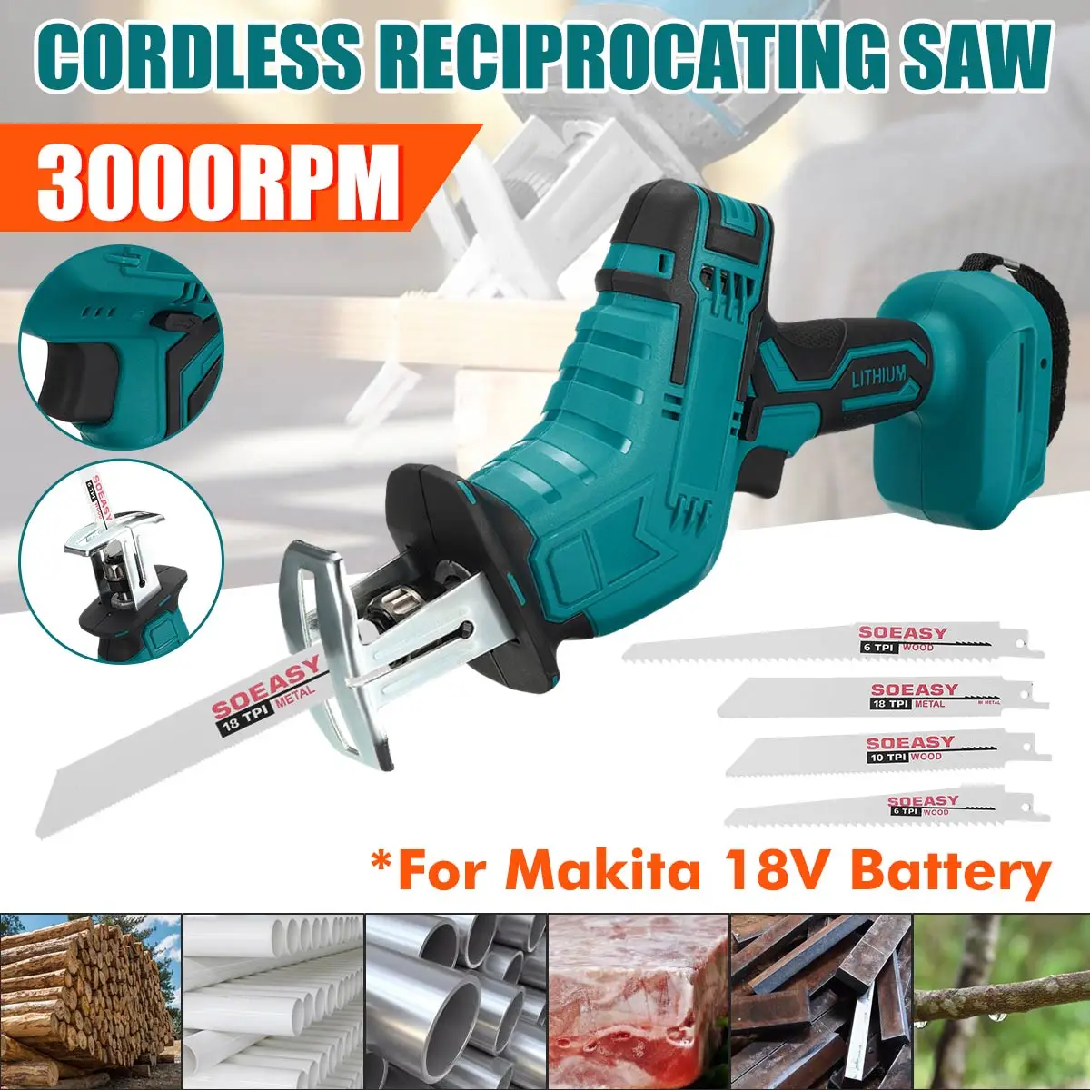 18V 3000rpm/min Electric Saw Variable Speed Reciprocating Saw Adapted To Makita Battery DTW285Z Stepless Speed Change
18V 3000rpm/min Electric Saw Variable Speed Reciprocating Saw Adapted To Makita Battery DTW285Z Stepless Speed Change