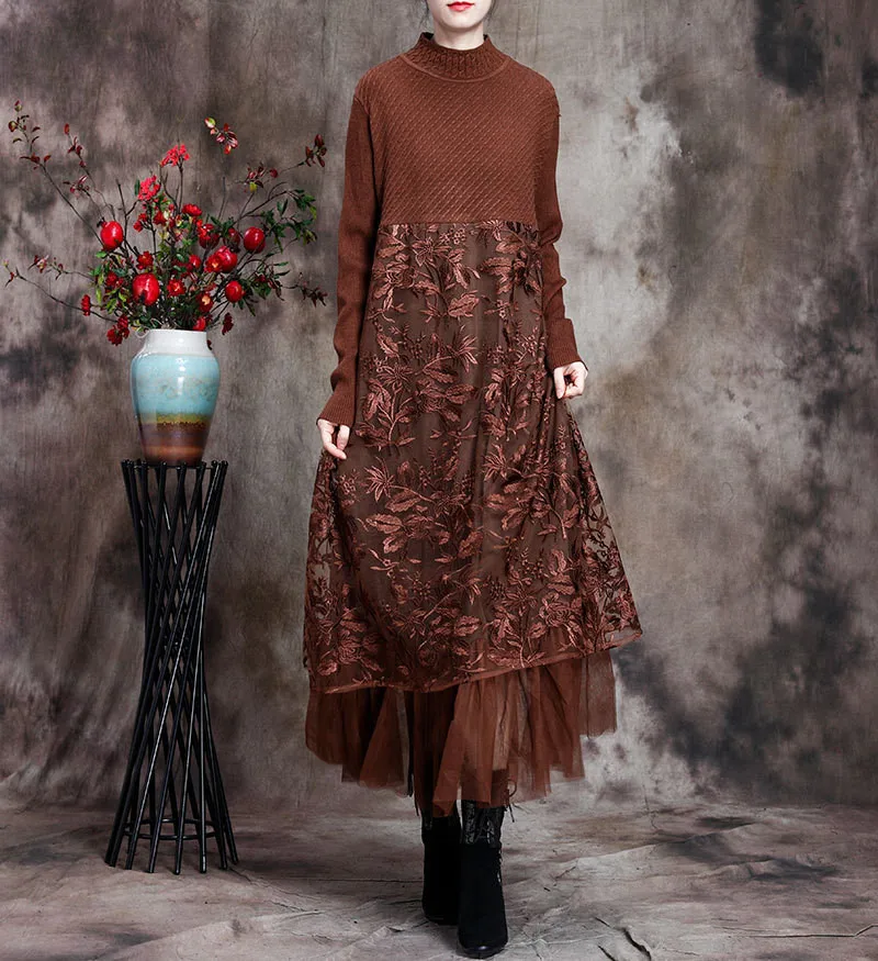 Dress Women Long Sleeve Wool Knitted Lace Splicing Maxi Dresses Elegant Plus Size Loose Casual Winter Sweater Ladies Dress Robes
Dress Women Long Sleeve Wool Knitted Lace Splicing Maxi Dresses Elegant Plus Size Loose Casual Winter Sweater Ladies Dress Robes