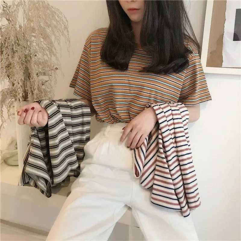 harajuku Short Sleeve Casual Loose Stripe Shirts Female TShirt Vintage Kawaii Top Female clothing crop top Oversized y2k apparel
harajuku Short Sleeve Casual Loose Stripe Shirts Female TShirt Vintage Kawaii Top Female clothing crop top Oversized y2k apparel
