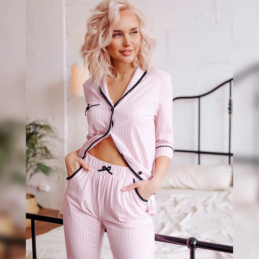 Hiloc Fashion Striped Print Sleepwear Sets Womens Outfits Homwear Turn Down Collar Women Pajama Trouser Suits Pocket Nightwear
Hiloc Fashion Striped Print Sleepwear Sets Womens Outfits Homwear Turn Down Collar Women Pajama Trouser Suits Pocket Nightwear