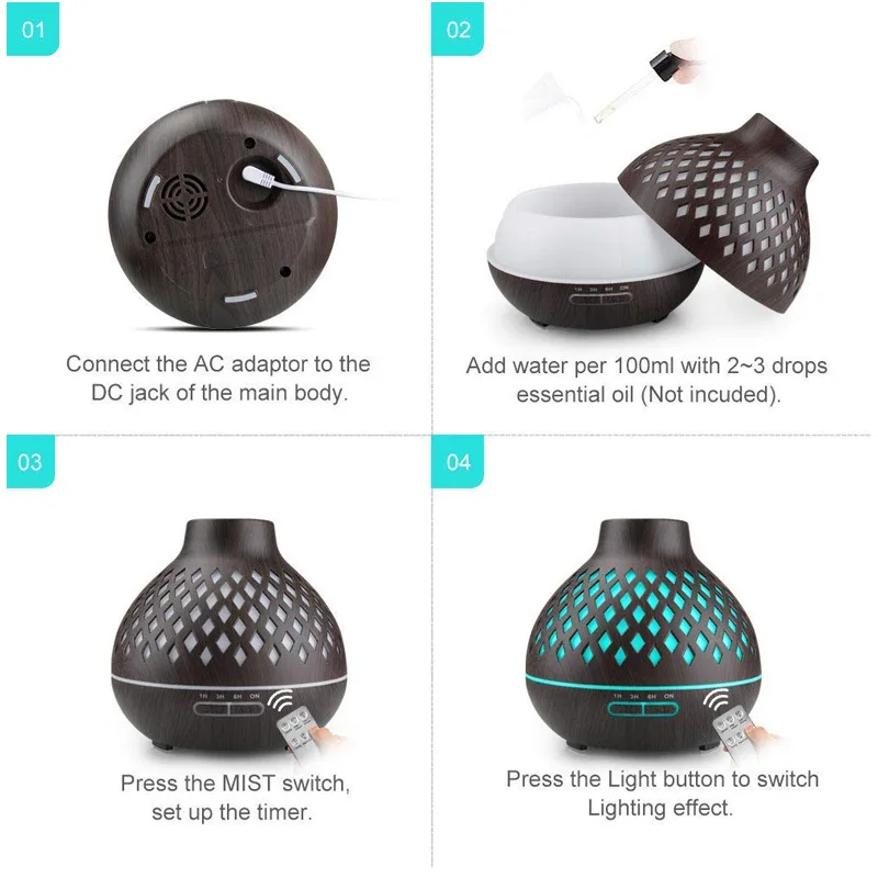 400ml Remote Control Aroma Diffuser Ultrasonic Wood Grain Humdifier Timing Mist Maker with 7 Colors Lamps Home Air Purifier
400ml Remote Control Aroma Diffuser Ultrasonic Wood Grain Humdifier Timing Mist Maker with 7 Colors Lamps Home Air Purifier