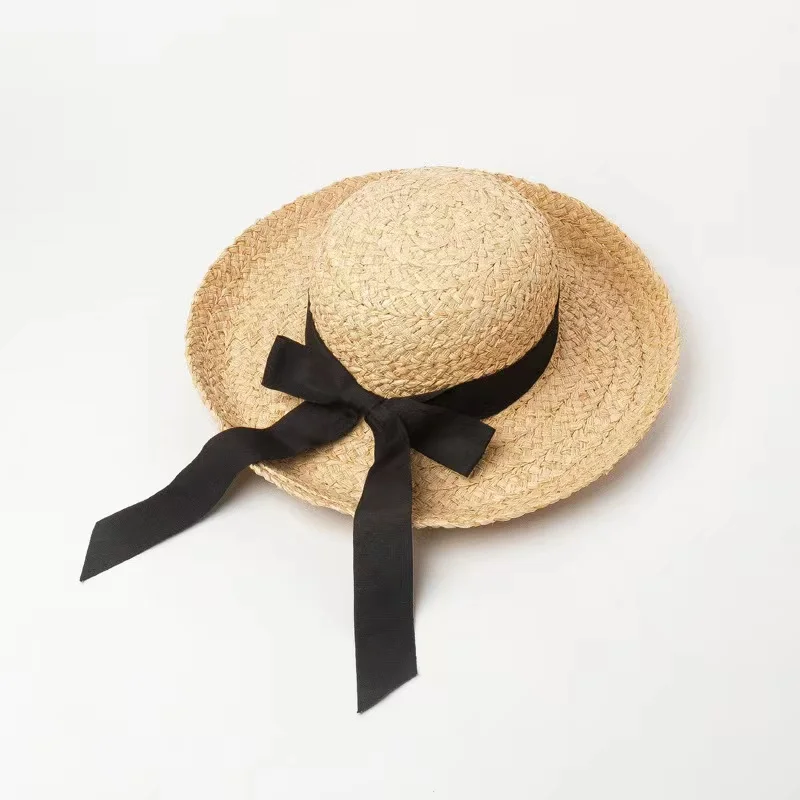 

Elegant Wide Brim Handmade Raffia Hats For Women Black Ribbon Dome Crimping Straw Hat Lady Summer Beach Vacation Sun Hats Cape