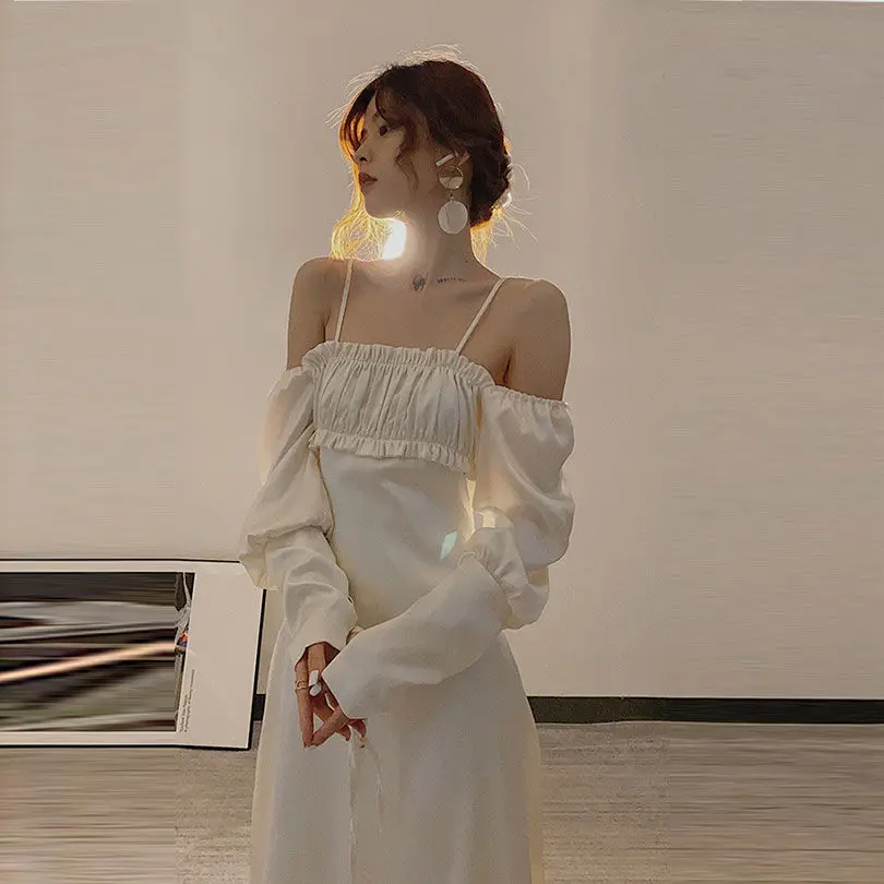 Женское платье с одним открытым плечом белое винтажное платье-труба квадратным