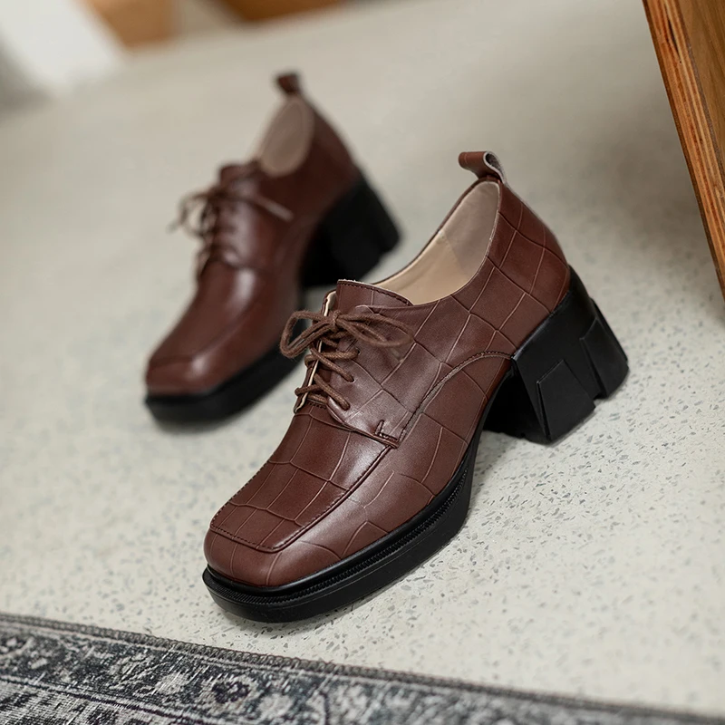New Arrival Women Pumps Thick Heels Square Toe Lace Up Casual Ladies Shoes Genuine Leather Pumps Black Brown Work Shoes Woman 
New Arrival Women Pumps Thick Heels Square Toe Lace Up Casual Ladies Shoes Genuine Leather Pumps Black Brown Work Shoes Woman