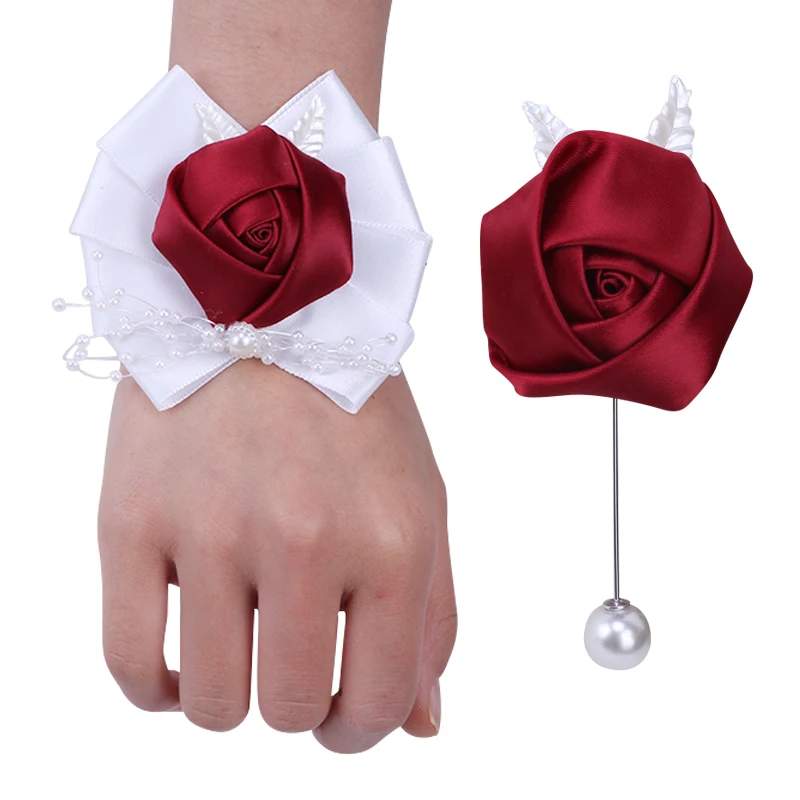 

European And American New Wine Red Bride Bridesmaid Ribbon Wrist Corsage Groom Groomsmen Lapel Pin Party Wedding Supplies T0069