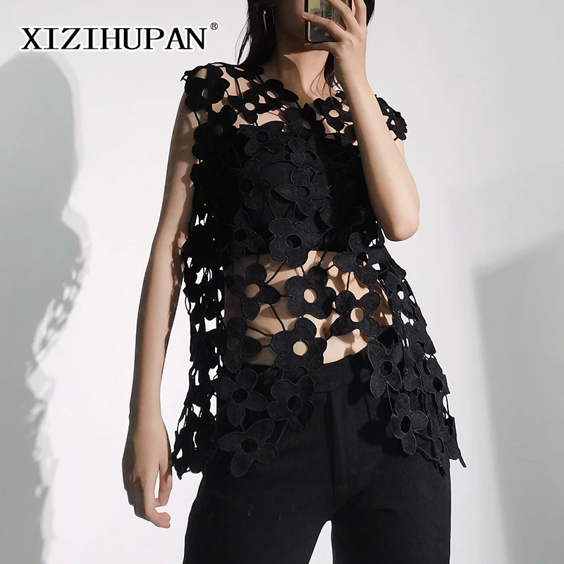 XIZIHUPAN Sexy Solid Cut Out Top Women Round Neck Sleeveless Detachable Floral Print Irregular Hem Loose Vests Female 2022 Style 
XIZIHUPAN Sexy Solid Cut Out Top Women Round Neck Sleeveless Detachable Floral Print Irregular Hem Loose Vests Female 2022 Style
