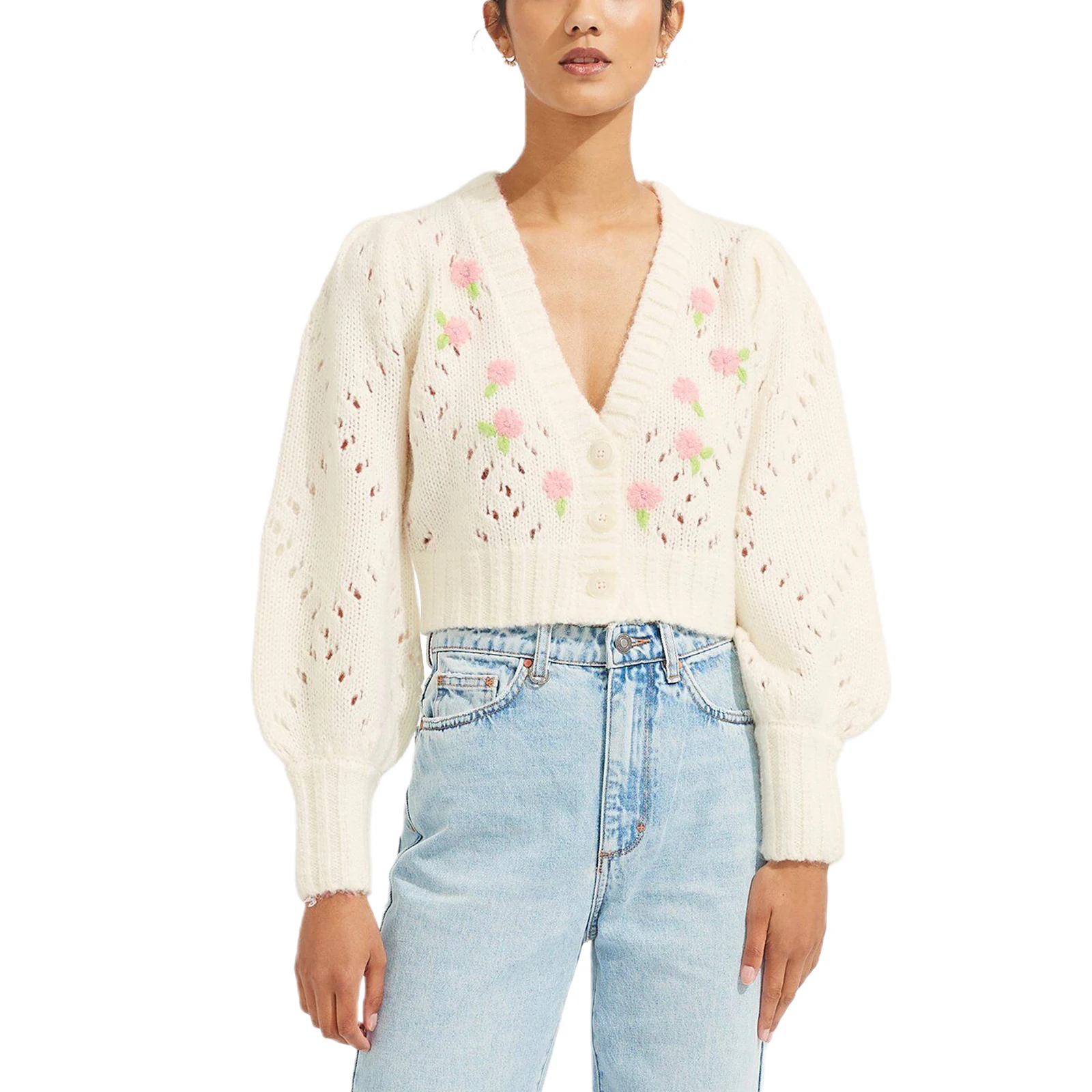 Women Knitted Cardigan Beige Floral Embroidery Pattern Long Balloon Sleeves Knitwear S/ M/ L
Women Knitted Cardigan Beige Floral Embroidery Pattern Long Balloon Sleeves Knitwear S/ M/ L