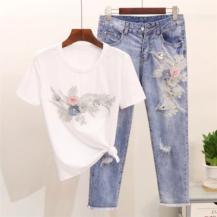 2020 Women Beading 3D Flower 2 Pieces Sets Woman Embroidery Tshirts Jeans Pants Fashion Sequin Tops Tee Shirt Femme Suits
2020 Women Beading 3D Flower 2 Pieces Sets Woman Embroidery Tshirts Jeans Pants Fashion Sequin Tops Tee Shirt Femme Suits