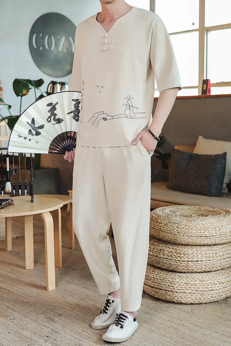 Summer Chinese Style Linen Tang Suit Men Hanfu Casual Ethnic Print Short Sleeve T-shirt Men Tang Suit Kungfu Clothes
Summer Chinese Style Linen Tang Suit Men Hanfu Casual Ethnic Print Short Sleeve T-shirt Men Tang Suit Kungfu Clothes
