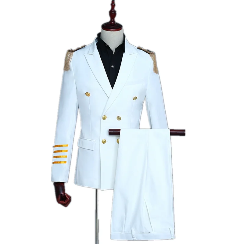 Two color captain suit double-breasted men's suit set military tassel epaulettes 2 piece set (suit+pants) banquet stage costume
Two color captain suit double-breasted men's suit set military tassel epaulettes 2 piece set (suit+pants) banquet stage costume