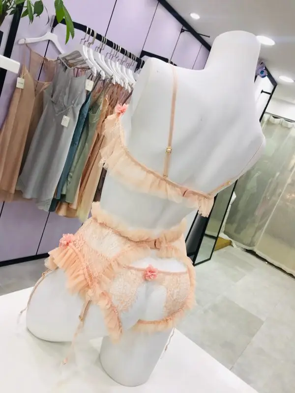 Ruffles Lace Women Underwear Pink Lingerie Intimate Clothes Panties and See Through Bra Set Lolita Wire Free Bra Set