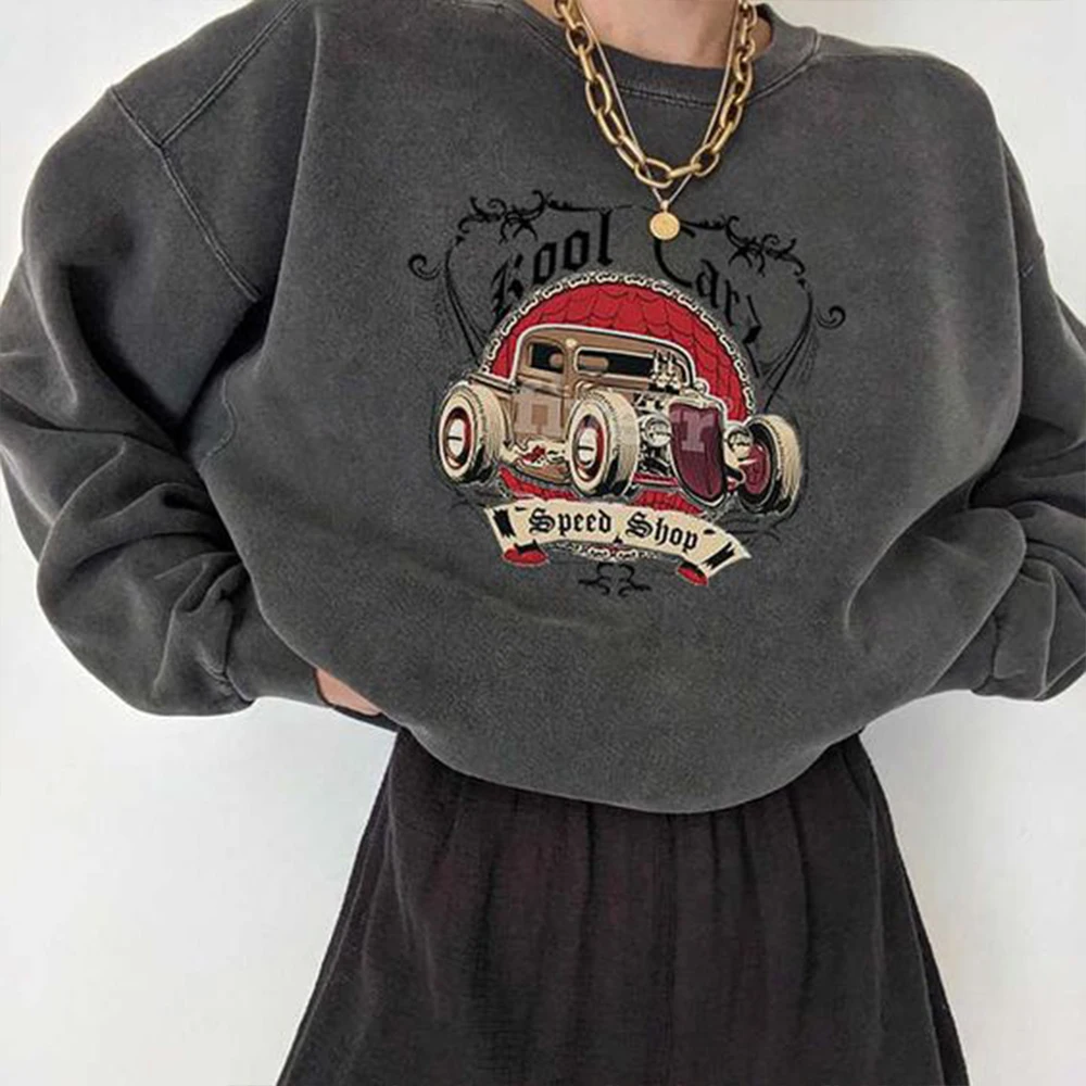 

Vintage Car Print Women Sweartshirts Long Sleeve Crew Drop Shoulder Swearshirts Streetwear Vintage Tops Las Mujeres Sweetshirts