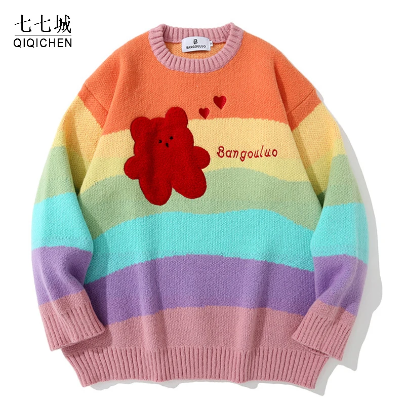 Rainbow Stripes Print Bear Sweater Men Women Hip Hop O-neck Knitted Pullover Jumper Streetwear Loose Knitwear Sweaters 2021
Rainbow Stripes Print Bear Sweater Men Women Hip Hop O-neck Knitted Pullover Jumper Streetwear Loose Knitwear Sweaters 2021