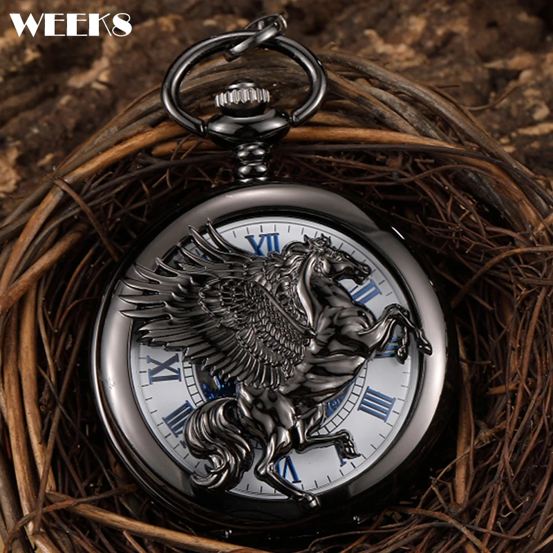

Roman Numeral Mechanical Pocket Watch Antique Vintage Steampunk Skeleton Black Wings Horse Engrave Fob Chain Clock for Men Women