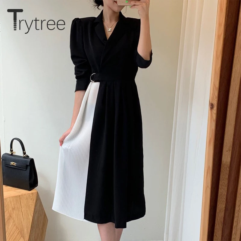 Женское Повседневное платье Trytree черное плиссированное до середины икры в стиле
