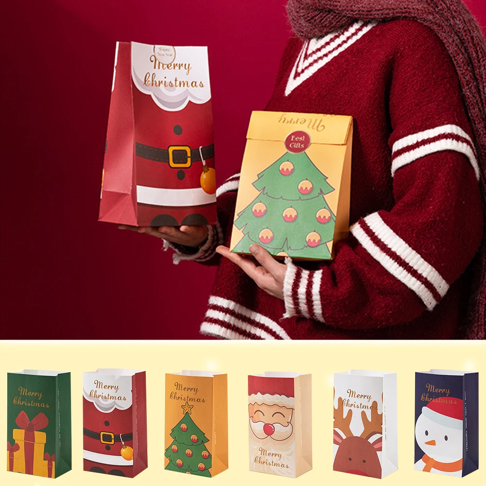 

6 шт. Рождественский Подарочный пакет из крафт-бумаги, конфеты, печенье, упаковка с наклейкой, Санта-Клаус, снеговик, Рождество, Новый Год, тов...