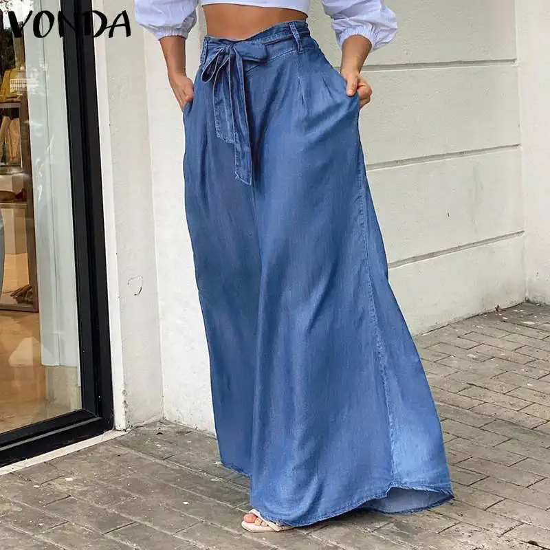 VONDA 2022 Autumn Women High Waist Long Pants Fashion Palazzo Casual Belted Loose Solid Party Streetwear Pantalon Femme Oversize - купить по