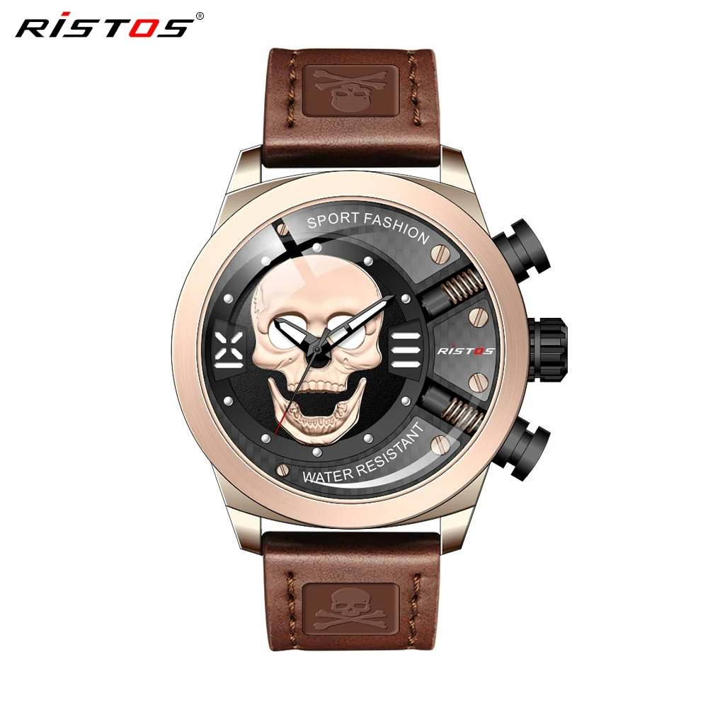 RISTOS 3D череп Личность Ретро Мода Мужские часы Прохладный Череп мужской роскошный