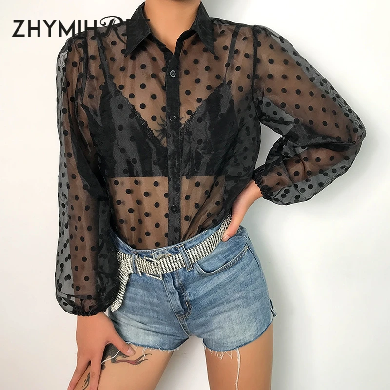 Женская прозрачная блузка ZHYMIHRET сетчатая в горошек с длинными