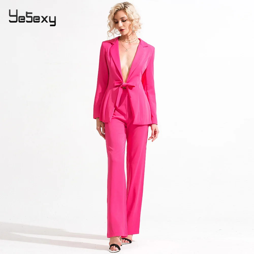 Женский офисный костюм Yesexy однотонный блейзер с отложным воротником и брюки на