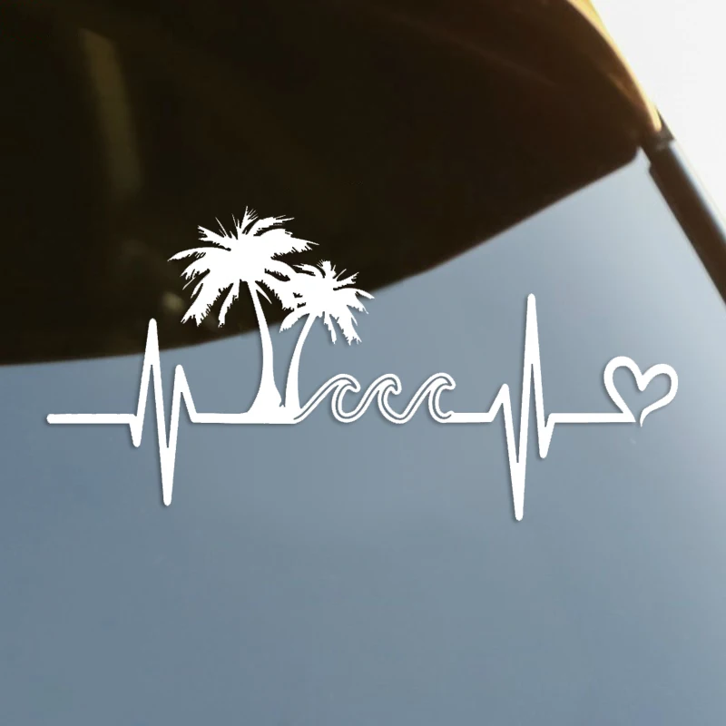 

Heartbeat Beach Palm Tree Waves Die-Cut Vinyl Decal Car Sticker Waterproof Auto Decors on Car Body Bumper Rear Window #S60228