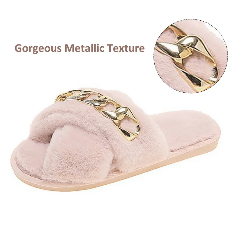 Winter Plush Slippers Fashion Open Toe Solid Color Women's Casual Sandals Metal Chain Warm Fluffy Slippers Indoor Flat Slides
Winter Plush Slippers Fashion Open Toe Solid Color Women's Casual Sandals Metal Chain Warm Fluffy Slippers Indoor Flat Slides