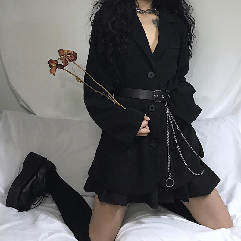 2020 Office Lady Notched Blazers Long Sleeve Women Autumn Harajuku Oversize Coat Black Medium-long Jacket with Belt 55504 
2020 Office Lady Notched Blazers Long Sleeve Women Autumn Harajuku Oversize Coat Black Medium-long Jacket with Belt 55504