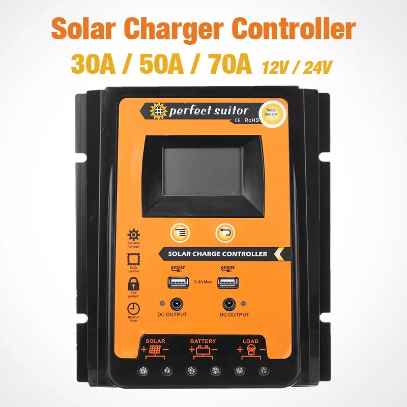 30A 50A 70A MPPT Solar Charge Controller 12V 24V Dual USB Solar Regulator with Big LCD IP32 PV Battery Controller Load Timer
30A 50A 70A MPPT Solar Charge Controller 12V 24V Dual USB Solar Regulator with Big LCD IP32 PV Battery Controller Load Timer