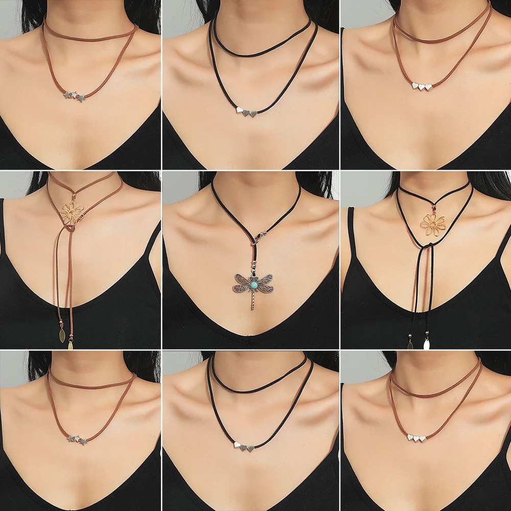 European Simple Retro Metal Star Love Heart Dragonfly Black Hand Woven Double Layer Necklace Popular Design Pendant Jewellery
European Simple Retro Metal Star Love Heart Dragonfly Black Hand Woven Double Layer Necklace Popular Design Pendant Jewellery