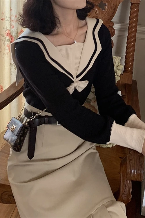 Navy collar college style sweater sweater women's autumn and winter slimming short lapel pullover bottoming shirt
Navy collar college style sweater sweater women's autumn and winter slimming short lapel pullover bottoming shirt