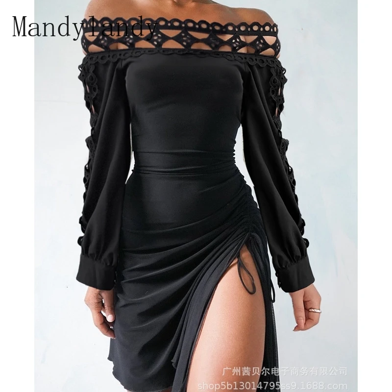 Mandylandy Dress Summer Long Sleeve Slash Neck High Waist Lace Up Pleated Split Dress Women's Sexy Lace Hollow Out Slim Dress
Mandylandy Dress Summer Long Sleeve Slash Neck High Waist Lace Up Pleated Split Dress Women's Sexy Lace Hollow Out Slim Dress