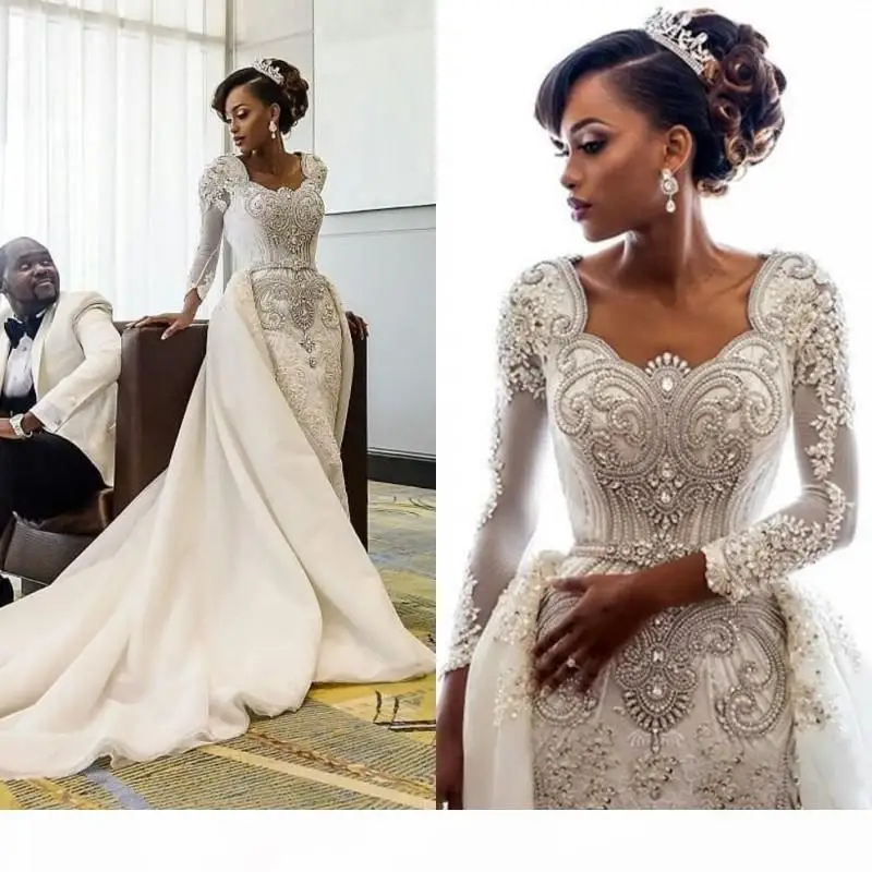 

African Long Sleeves Lace Mermaid Wedding Dresses Scoop Applique Beaded Crystals Over Skirts Court Train Bridal