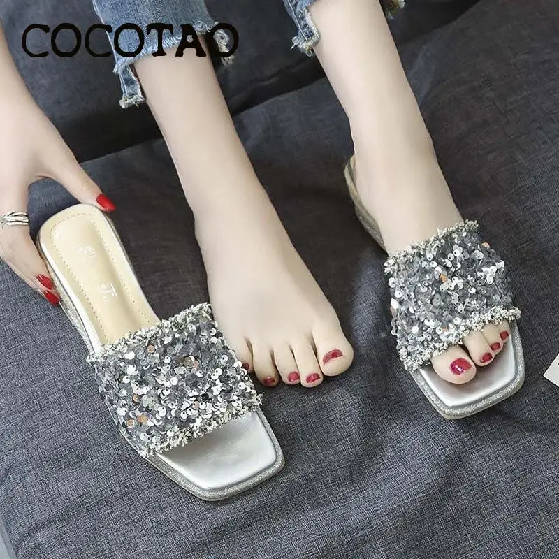Thick High-heeled Slippers Outdoor Wear Fashionable Women's Shoes Sequin Sandals 2020 Summer New Beautiful Wild | Обувь