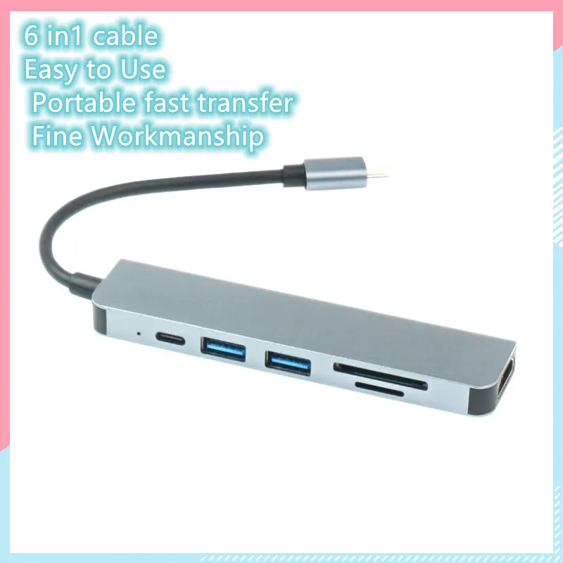 Usb-хаб Тип C, 6 в 1, HDMI-совместимый USB 3,0 PD SD/TF-кардридер, адаптер, кабель 
Usb-хаб Тип C, 6 в 1, HDMI-совместимый USB 3,0 PD SD/TF-кардридер, адаптер, кабель