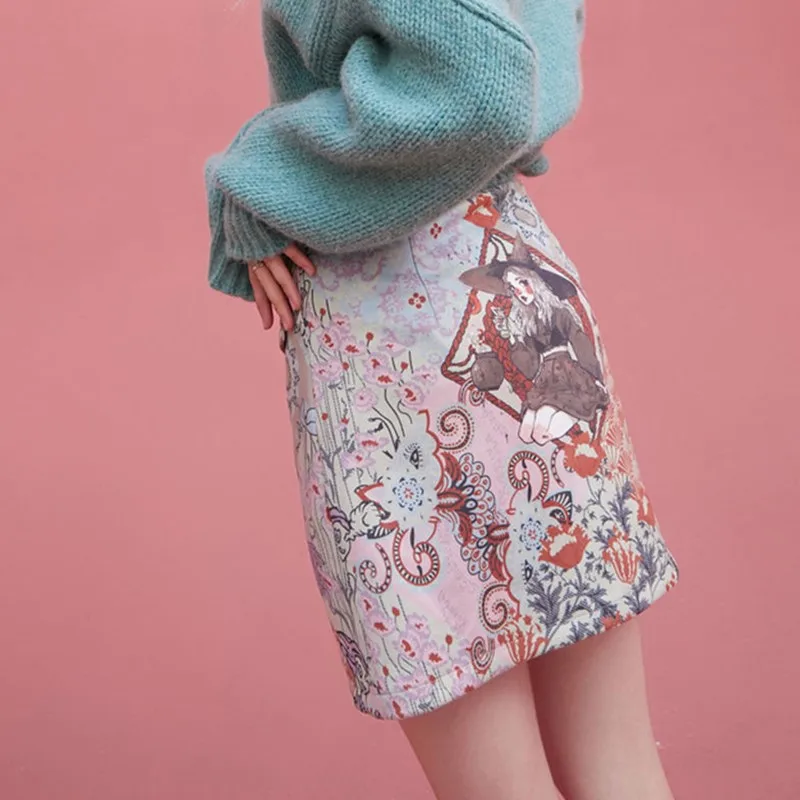 New winter womenswear faux suede show thin joker retro witch magic printed skirts short skirt of women A word
New winter womenswear faux suede show thin joker retro witch magic printed skirts short skirt of women A word