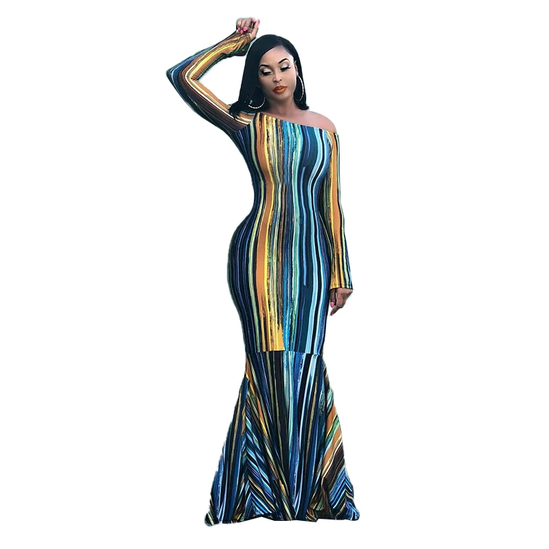 One-shoulder women's dress European and American sexy striped print sleeveless slim long fishtail skirt
One-shoulder women's dress European and American sexy striped print sleeveless slim long fishtail skirt