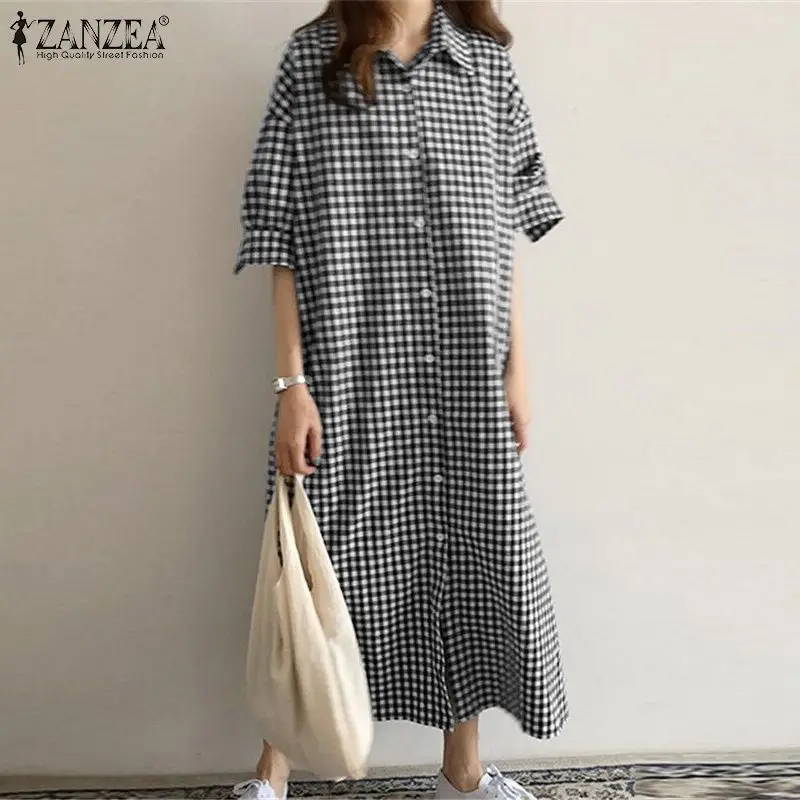 ZANZEA Summer Long Shirt Dress Women Stylish Laple Neck Plaid Checked Sundress Vintage Short Sleeve Buttons Down Vestidos Femme
ZANZEA Summer Long Shirt Dress Women Stylish Laple Neck Plaid Checked Sundress Vintage Short Sleeve Buttons Down Vestidos Femme