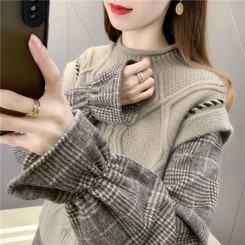 2021 New Fashion Women Plaid Shirts and Blouses Plus Size Patchwork Sweater Shirt Autumn Winter Femme Tops Knitted Thick Blouse
2021 New Fashion Women Plaid Shirts and Blouses Plus Size Patchwork Sweater Shirt Autumn Winter Femme Tops Knitted Thick Blouse