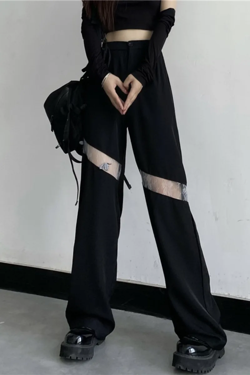 Suit wide-legged pants women summer ins design sense lace stitched straight pants high waist loose casual pants tide