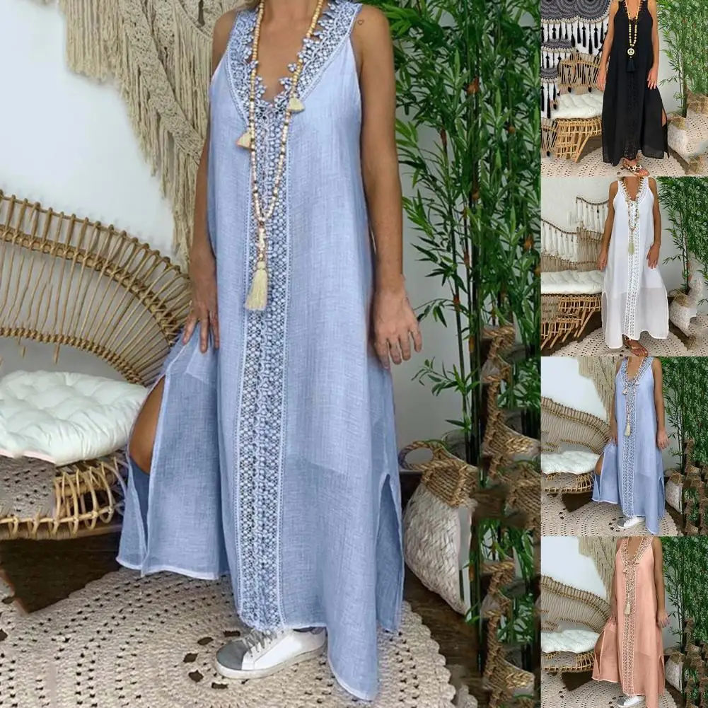 Women Maxi Robe Beach Casual Dress Lace V Neck Summer Patchwork Sleeveless Split Large Hem Dress Woman Summer 2021
Women Maxi Robe Beach Casual Dress Lace V Neck Summer Patchwork Sleeveless Split Large Hem Dress Woman Summer 2021