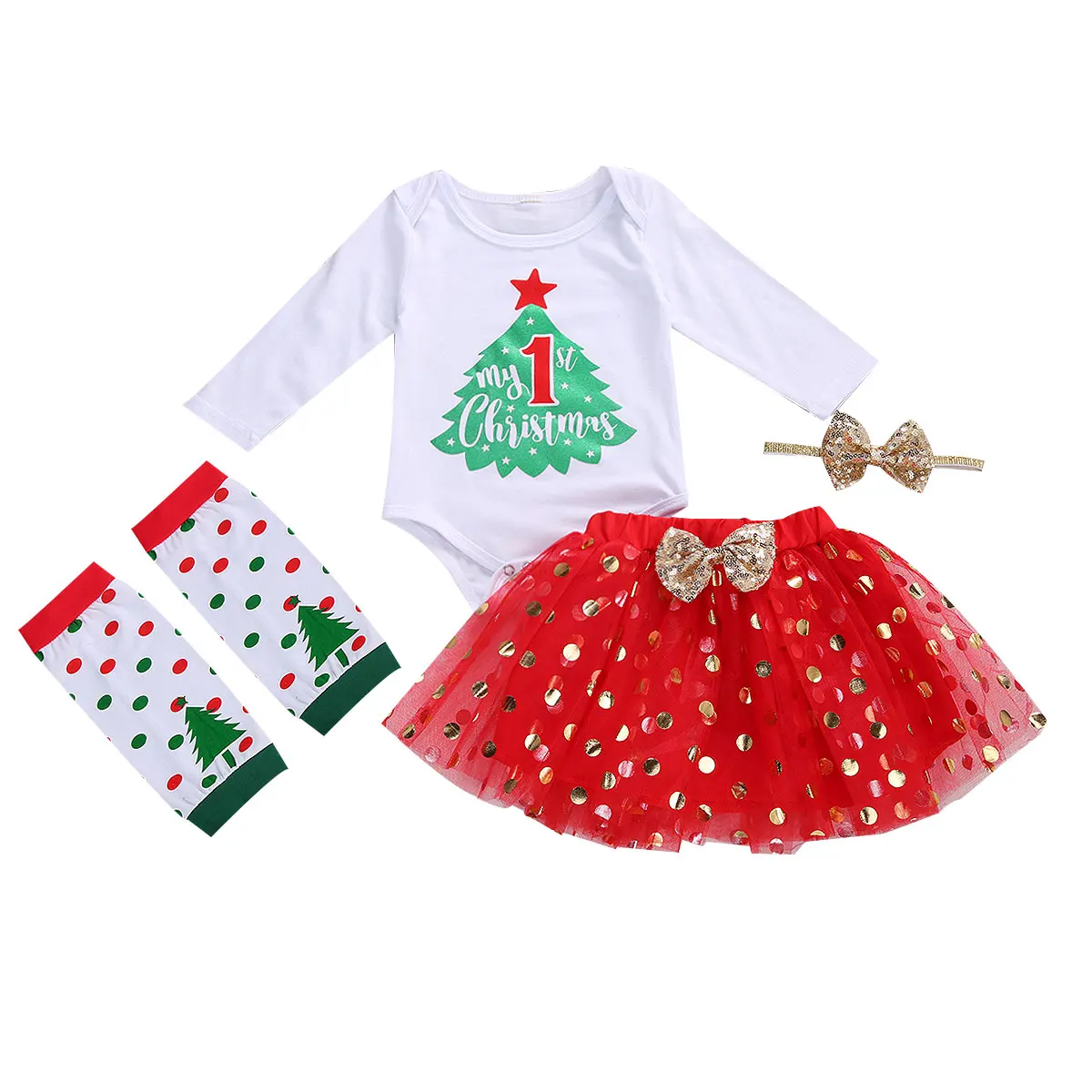 Newborn Girl First Christmas Outfits Cartoon Letter Printed Romper Top + Sequin Tutu Skirt + Leg Warmers + Headband Clothes Sets
Newborn Girl First Christmas Outfits Cartoon Letter Printed Romper Top + Sequin Tutu Skirt + Leg Warmers + Headband Clothes Sets