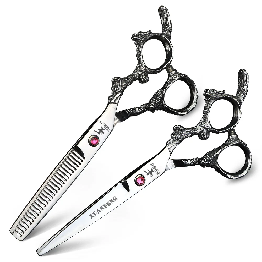 XUAN FENG 6 inch silver gold dragon handle Hair scissors Japan 440C steel thinning and cutting scissors set
XUAN FENG 6 inch silver gold dragon handle Hair scissors Japan 440C steel thinning and cutting scissors set