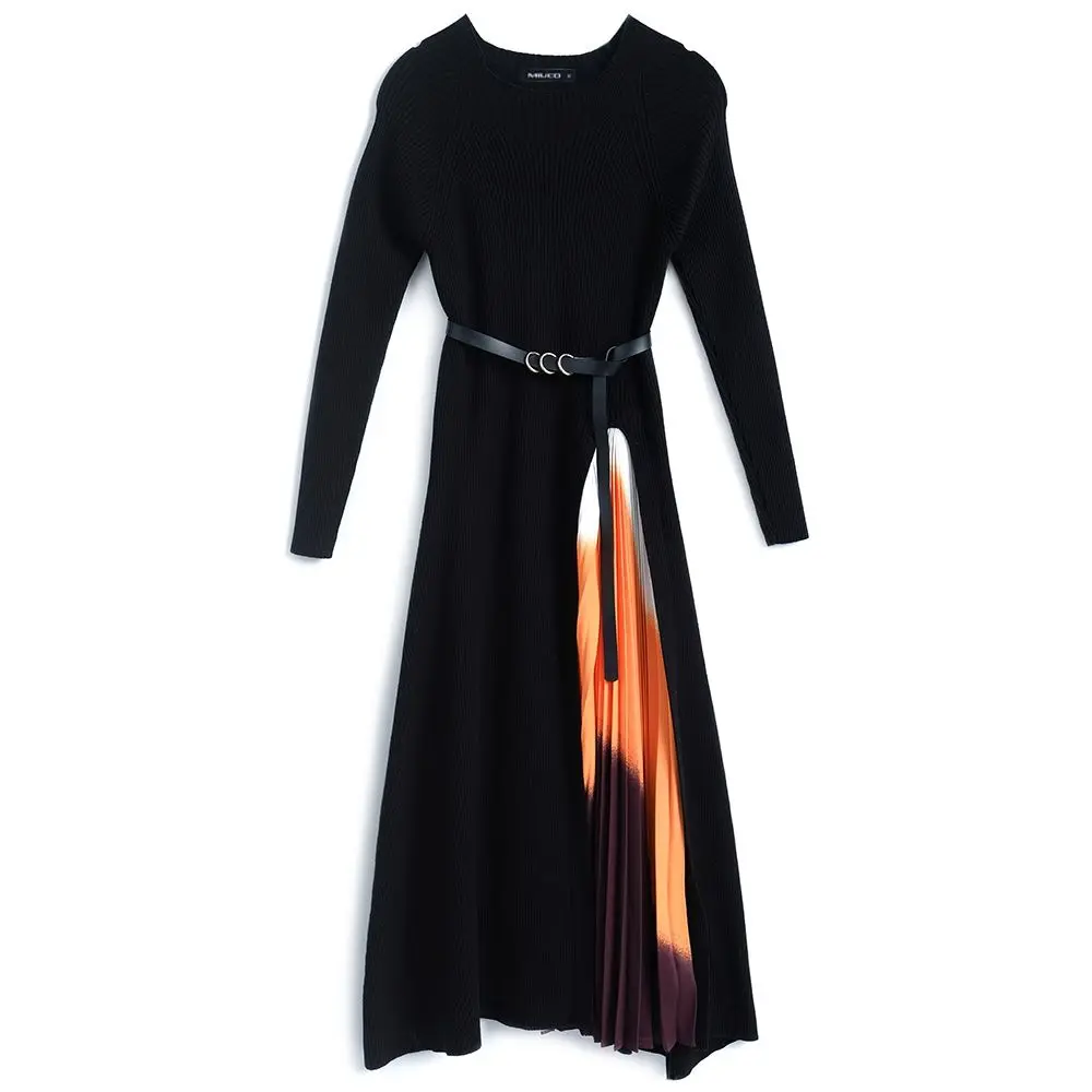 Contrast Sweater Dress Elegant Ladies Dresses Sashes Vestidos De Festa Pleat Patchwork Long Sleeve Dress Luxury Robe Femme 
Contrast Sweater Dress Elegant Ladies Dresses Sashes Vestidos De Festa Pleat Patchwork Long Sleeve Dress Luxury Robe Femme