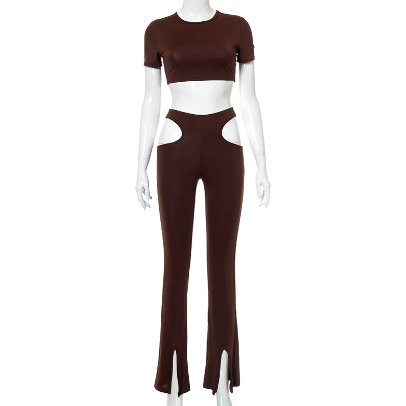 Women Short Sleeve Crop Top Sexy Hollow Out Ankle Side Split Skinny Flare Trousers Leggings Pants 2021 Summer Two Piece Set 
Women Short Sleeve Crop Top Sexy Hollow Out Ankle Side Split Skinny Flare Trousers Leggings Pants 2021 Summer Two Piece Set