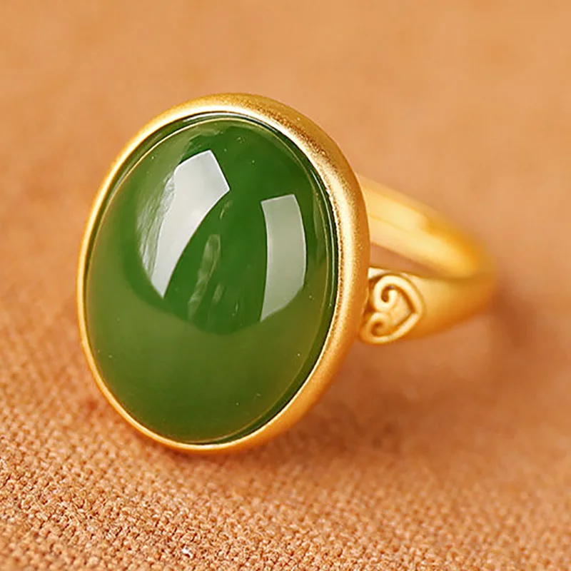 

New silver inlaid natural Hetian jade big egg face niche design palace style retro Xiangyun opening adjustable women's ring