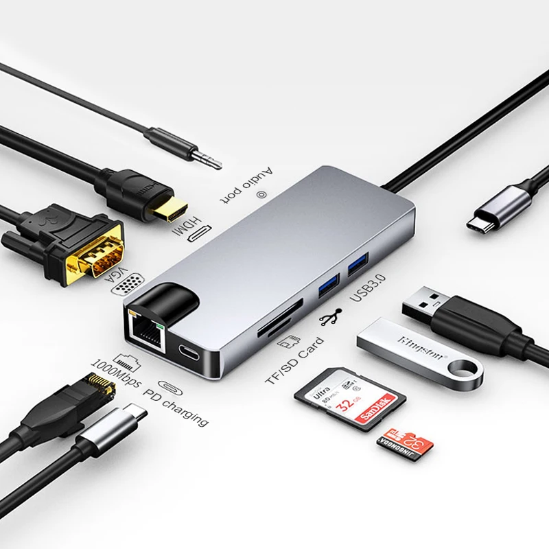 Type C к VGA + RJ45 Gigabit Ethernet 4K HDMI-совместимый PD SD TF 3 5 мм аудио 1080P для Macbook Pro S8 S9 P20 P30 USB