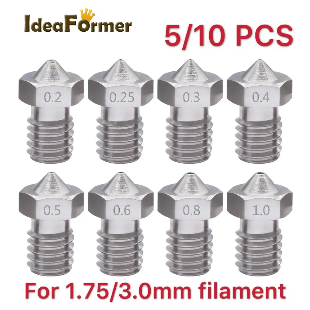 5/10pcs V6 Stainless Steel Nozzle 0.2/0.25/0.3/0.4/0.5/0.6/0.8/1.0mm M6 Threaded for 1.75/3.0mm Filament 3D Printer Print Head
5/10pcs V6 Stainless Steel Nozzle 0.2/0.25/0.3/0.4/0.5/0.6/0.8/1.0mm M6 Threaded for 1.75/3.0mm Filament 3D Printer Print Head