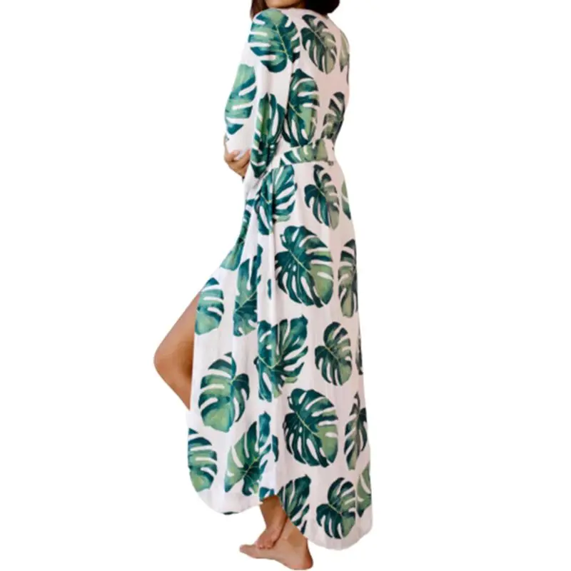 

Women Vacation Swimsuit Cover Up Green Tropical Leaves Open Front Kimono Cardigan Belted Irregular Curved Hem Beach Bath